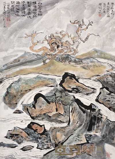 程十发 1988年作 小花古槎图 立轴 88.5×64.5cm